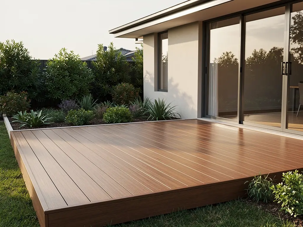 Composite deck in warm brown boards beside a garden