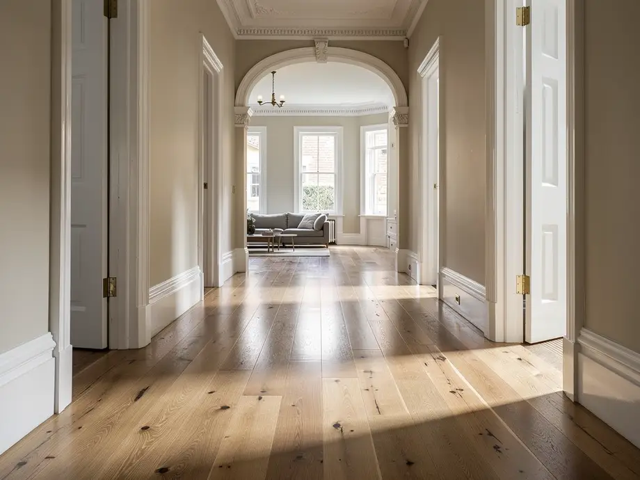 Wide-board engineered oak flooring in a period home