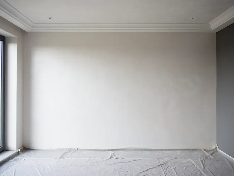 Freshly set plaster wall and ceiling with clean cornice lines