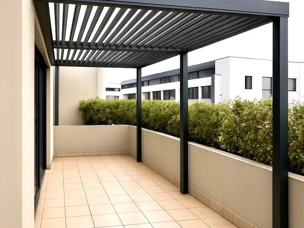 Black louvred pergola over a paved terrace, built by Trusted